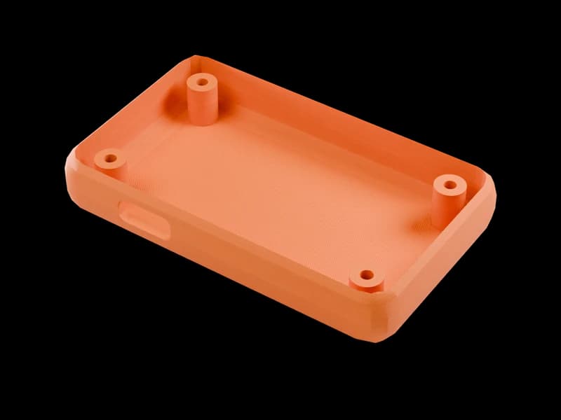 Render of an orange PETG prototype tray with four screw bosses, printed layers visible
