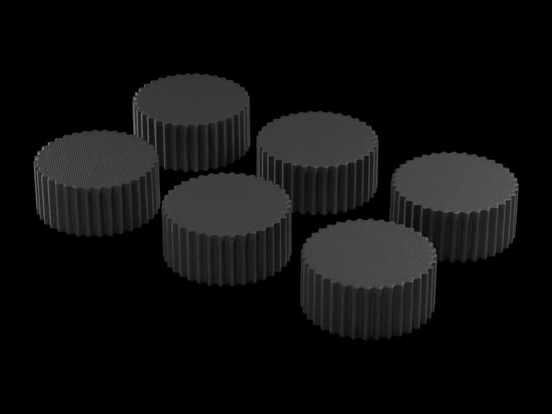 Render of six identical black PETG knurled knobs laid out in two rows