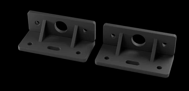 Render of two finished brackets in black PETG, with printed layers visible