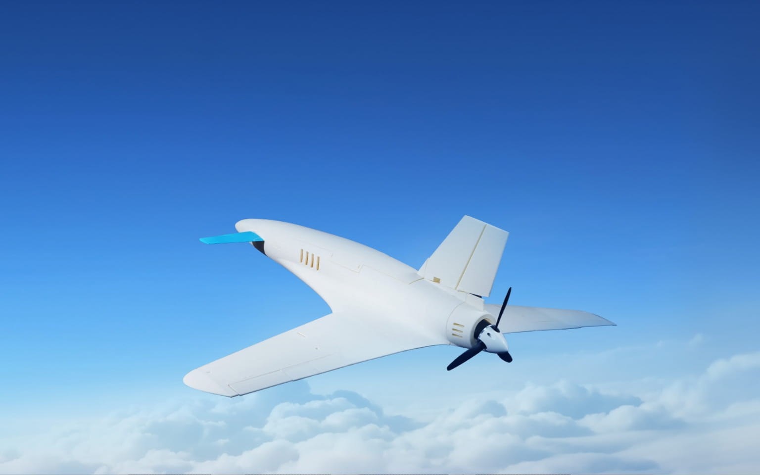 A white fixed-wing model aircraft printed in ASA Aero, flying above clouds