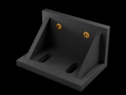 Render of a black PETG angle bracket with slotted holes and threaded inserts, printed layers visible