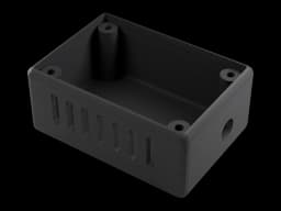 Render of an open black PETG electronics enclosure with vent slots and screw bosses, printed layers visible